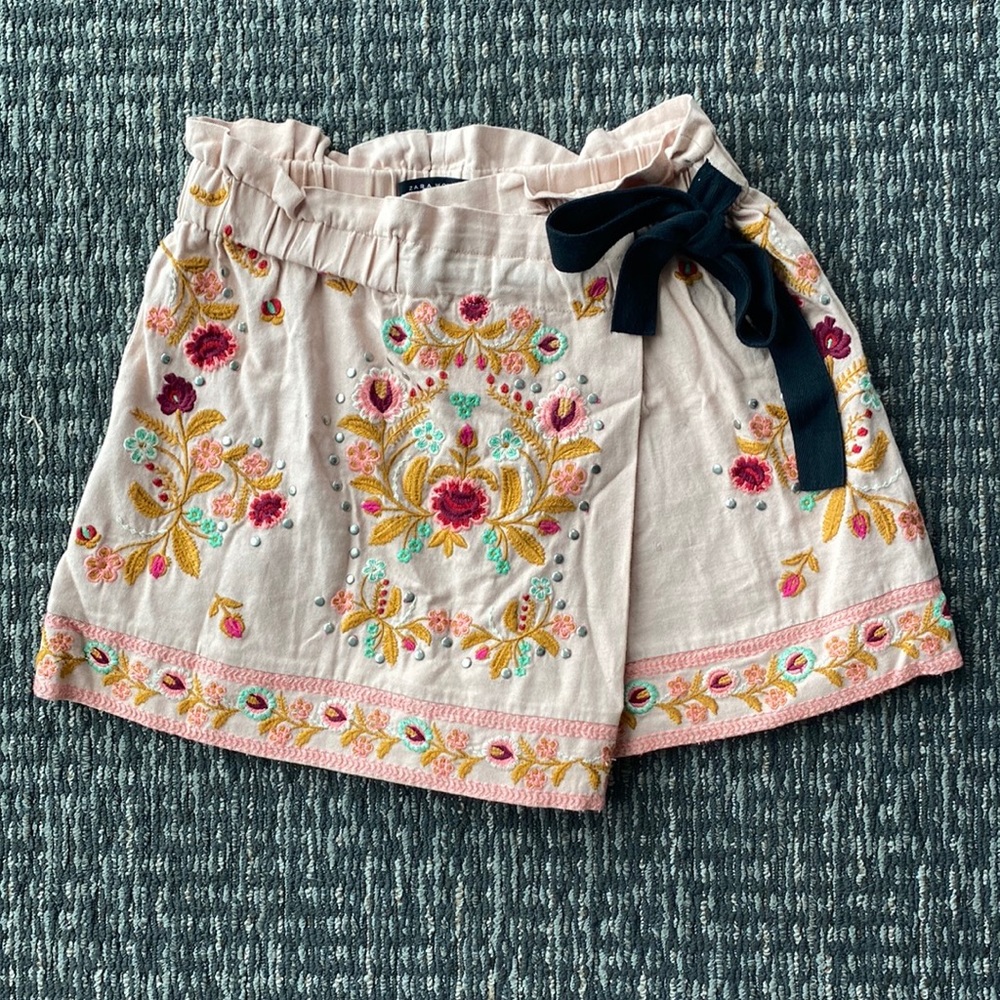 Zara Pink Tellow Embroidered Floral Wrap Front Skirt Skort Womens